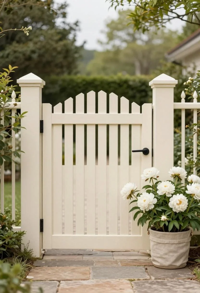Cream pine arbor gate with white peonies in a linen planter evoking a classic cottage entrance