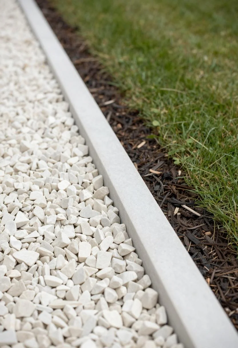 Cream white marble chip edging creating clean line between lawn and mulch bed