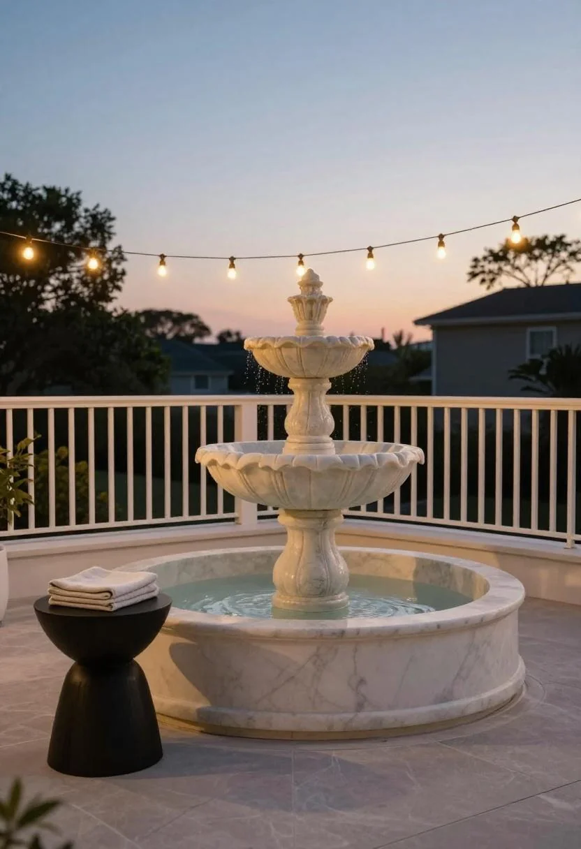 Cream white marble basin fountain on a modern deck glowing under dusk string lights