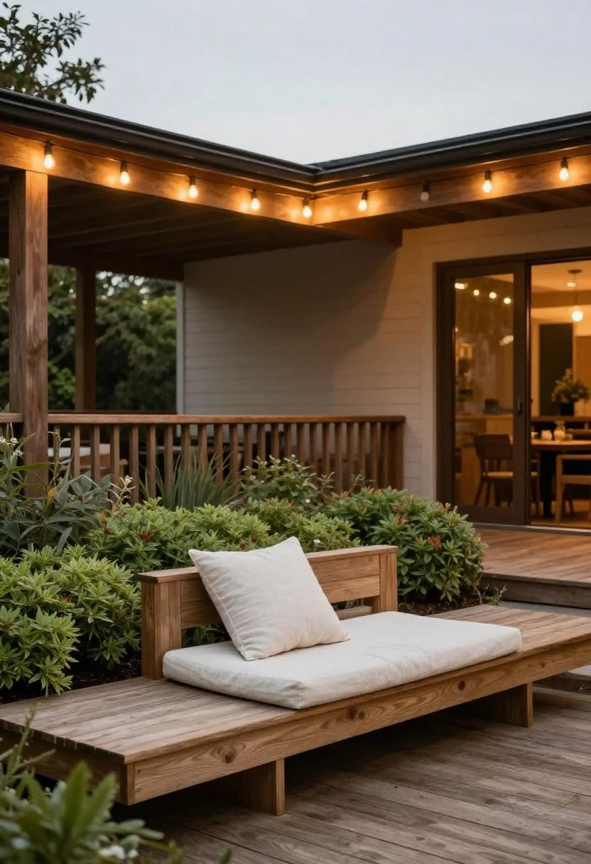 Teak deck bench with cream linen cushion overlooking sedum-filled garden bed at dusk