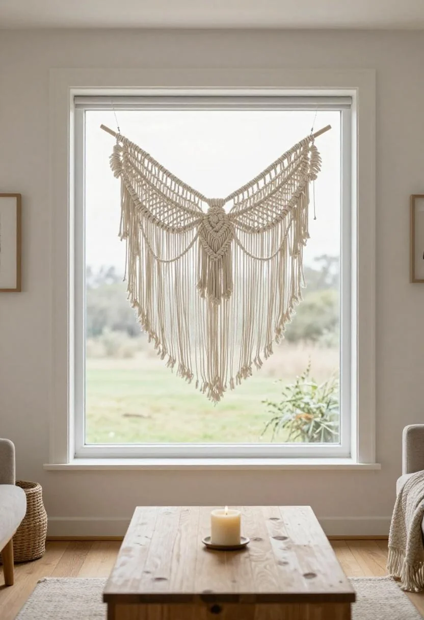 Cream white macramé butterfly hanging above a birch coffee table with a beeswax candle