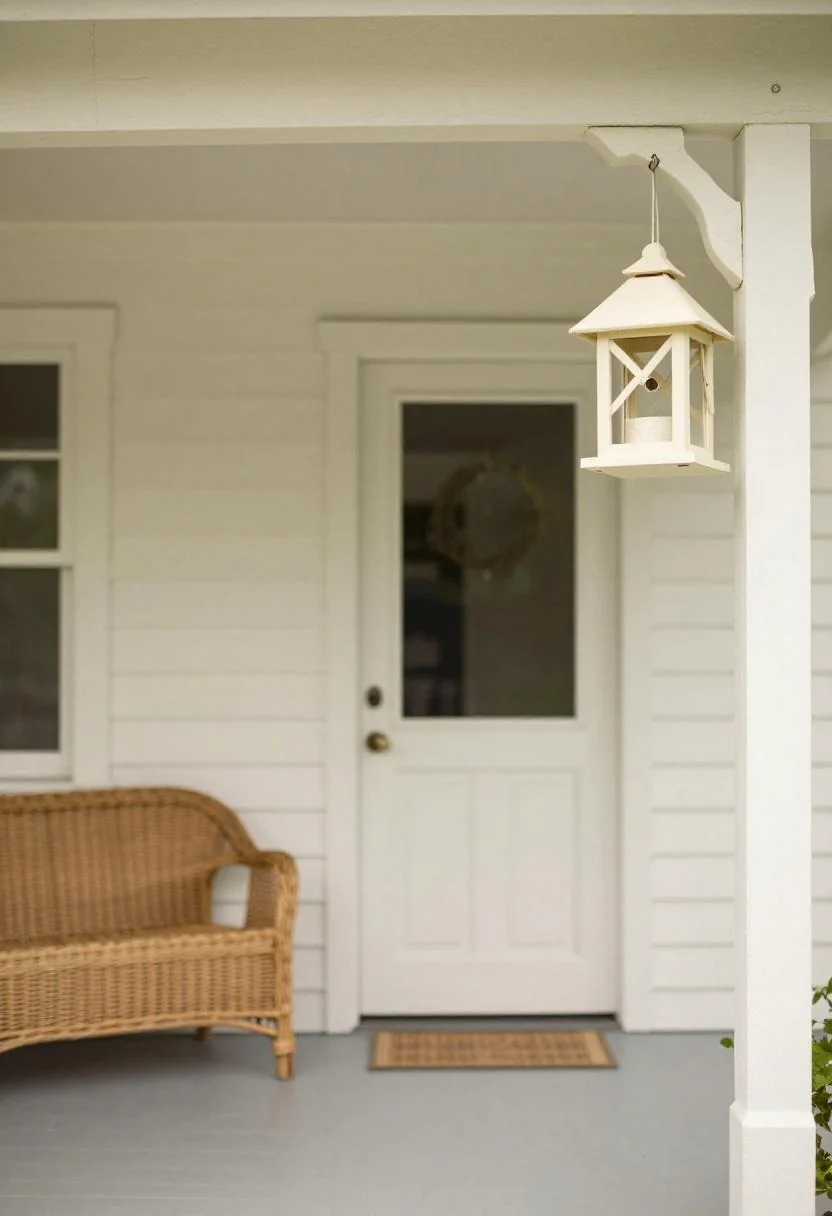Cream white lantern feeder hung at the porch beam edge beside a wicker bench with a clear cottage entry path