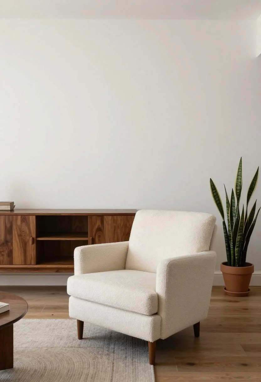 Mid-century walnut sideboard with cream white bouclé armchair in diffused daylight