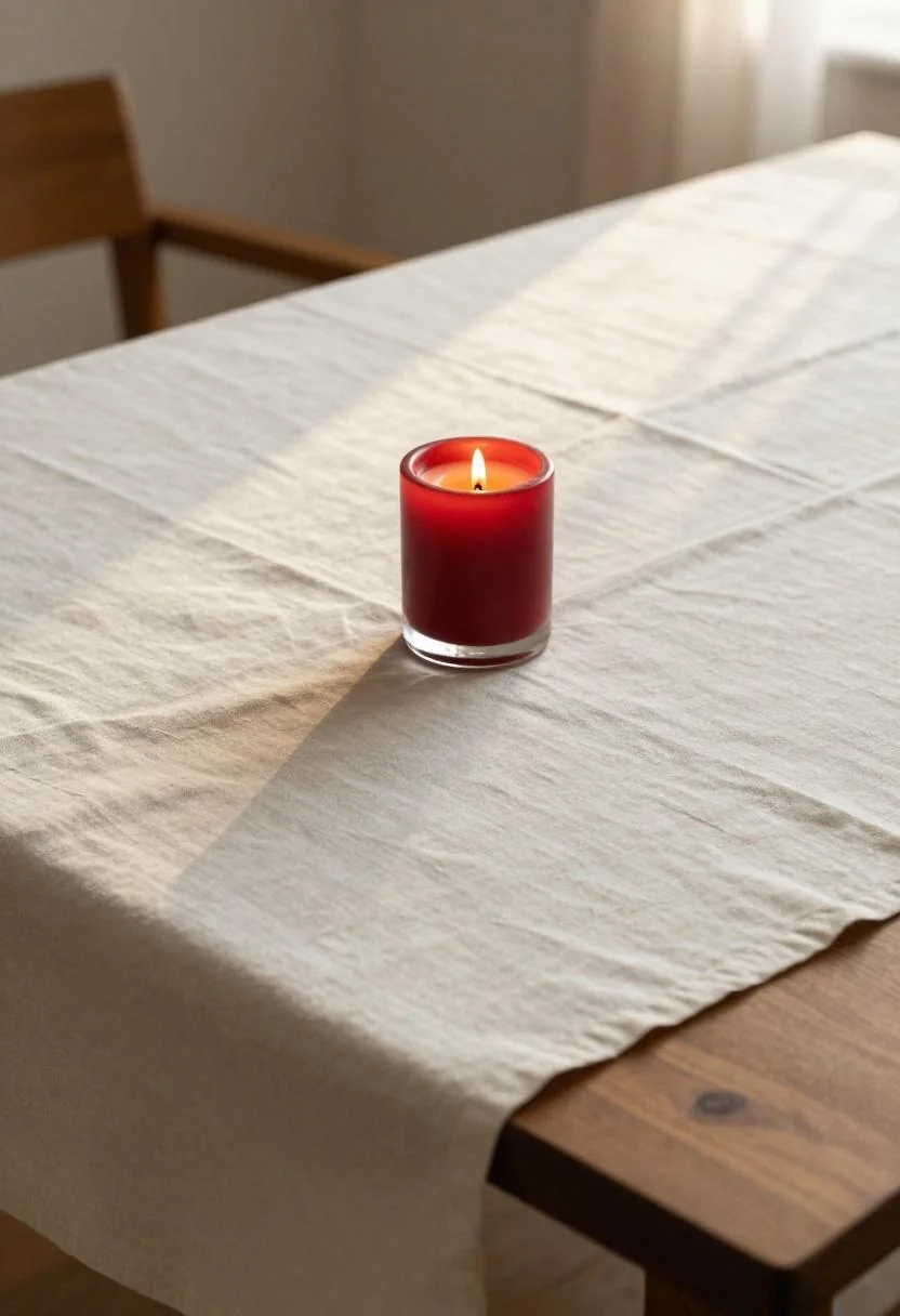 Cream white linen on a walnut coffee table with a red pillar candle in golden hour light