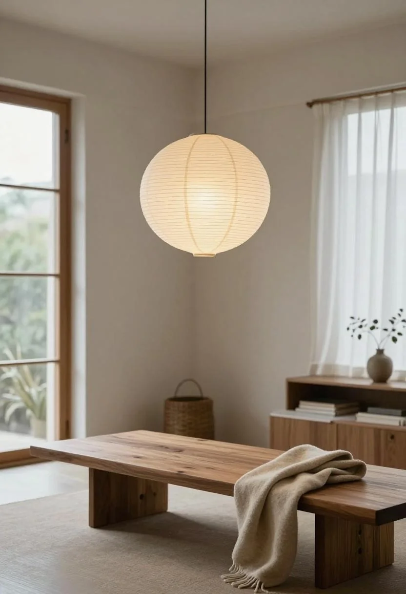 Cream white paper lantern above a walnut bench with folded merino blanket in a japandi living room