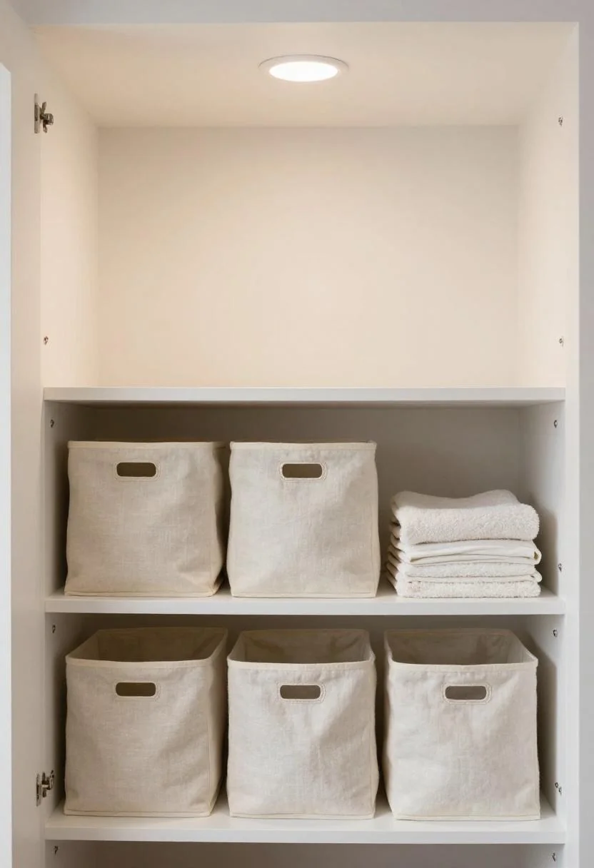 Cream white linen bins and folded organic cotton towels on a minimalist closet shelf