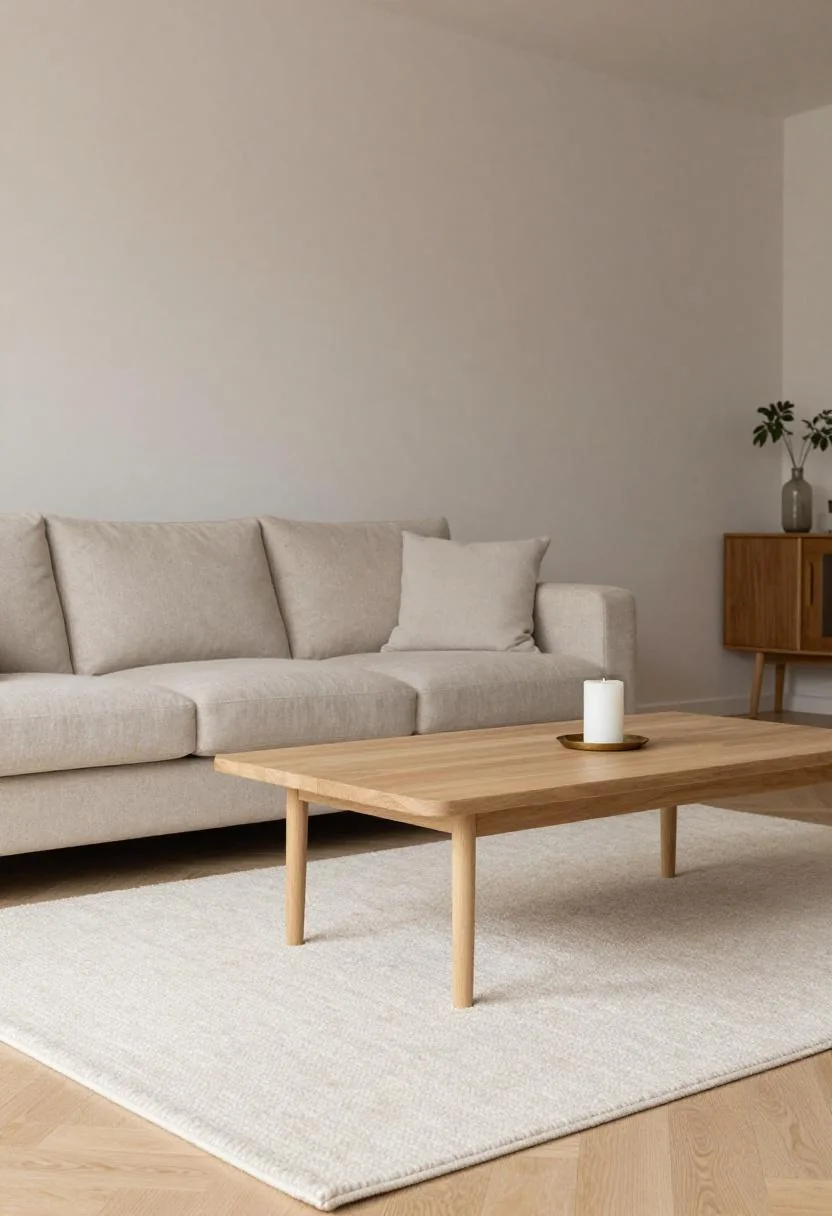 Cream white wool rug with birch coffee table and brass candle holder in Scandinavian room