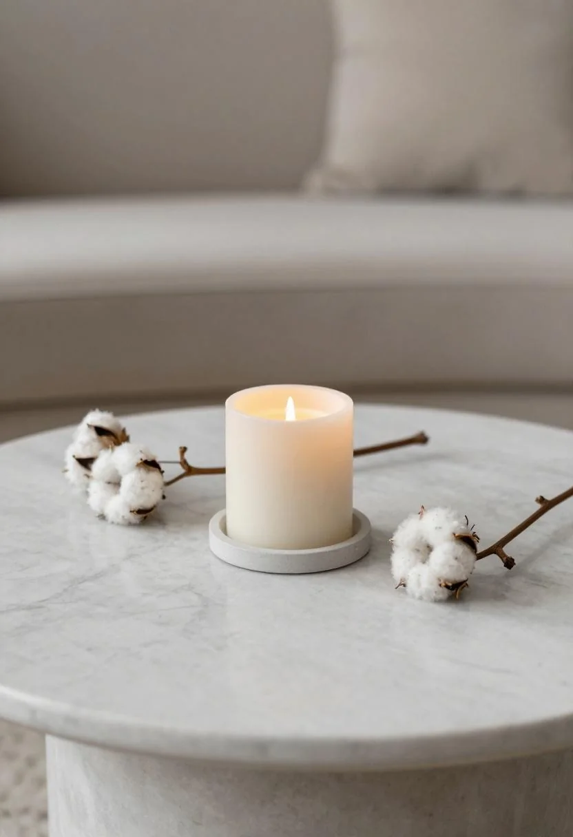 Marble coffee table with cream candle and dried cotton stems from above