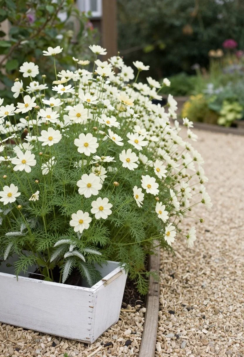 Cottage flower bed of cream cosmos and lamb's ear beside a gravel front path