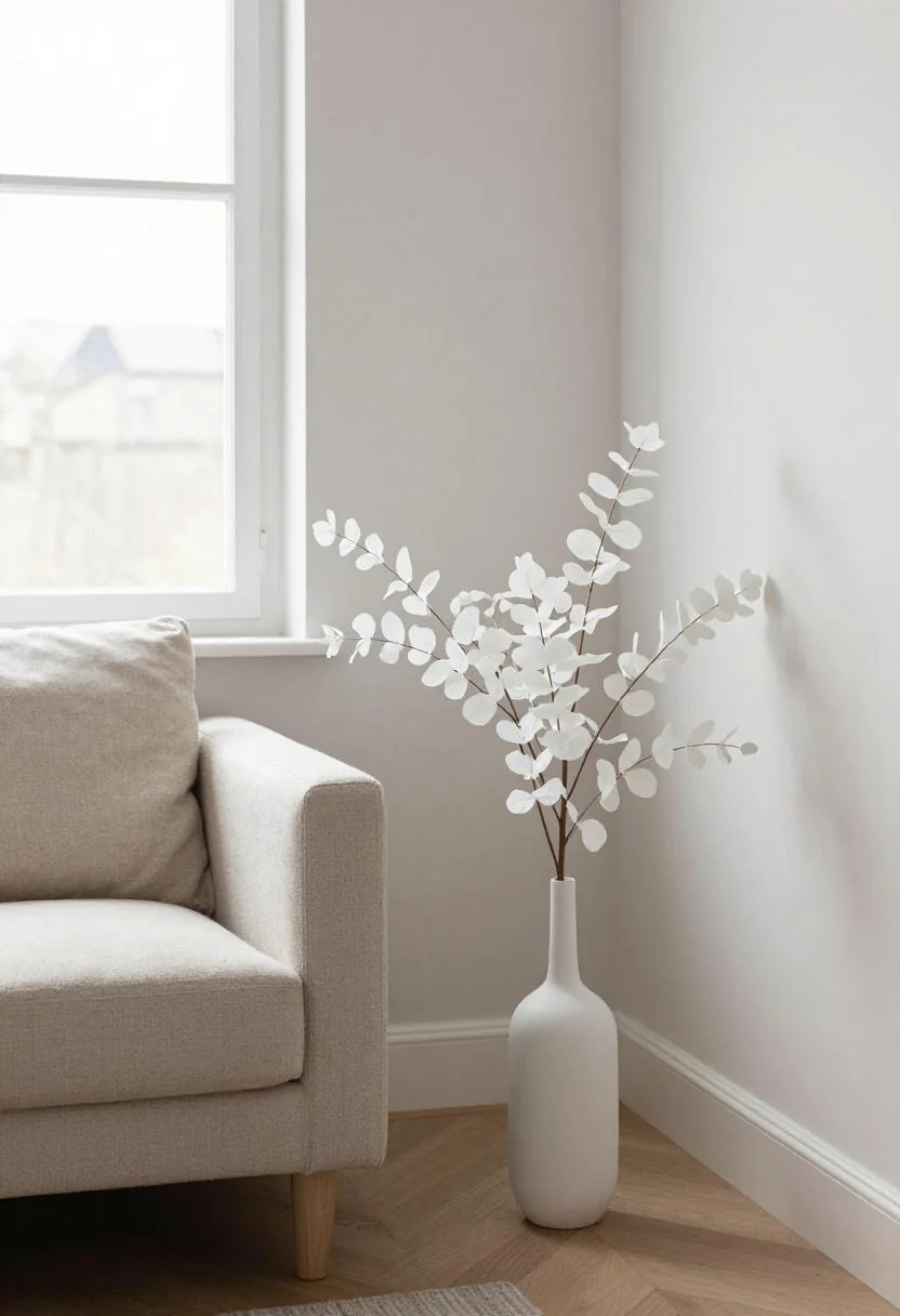 Cream white faux eucalyptus branches in a ceramic vase beside a Scandinavian wool sofa