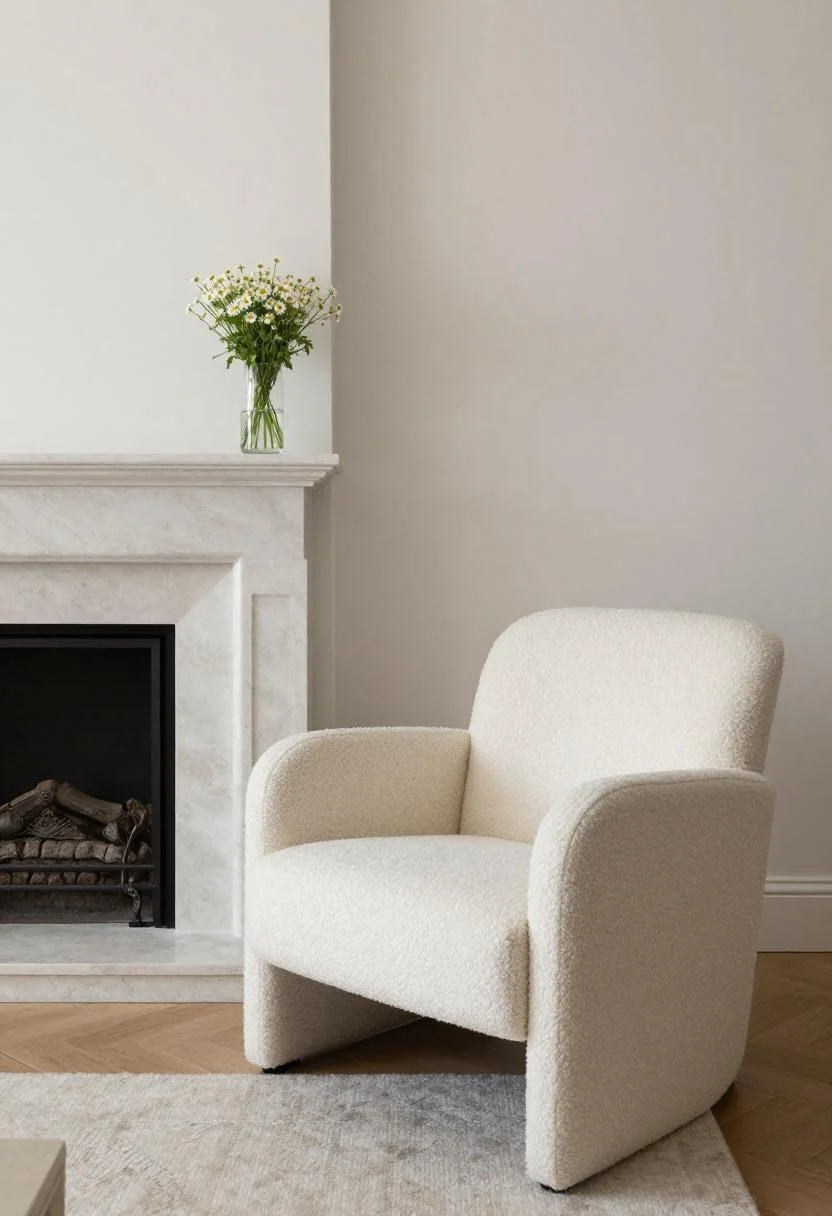 Cream bouclé armchair beside a concrete fireplace with chamomile flowers on the mantle