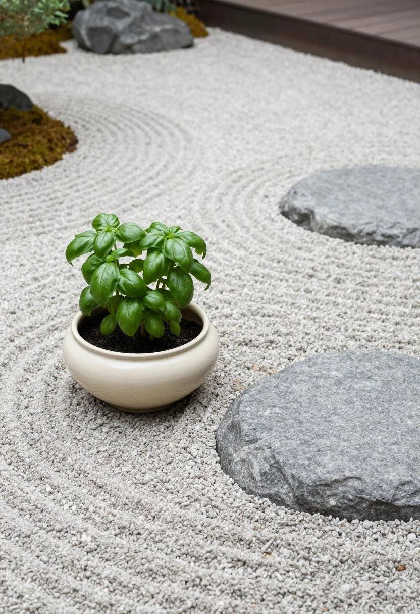 Basil in a cream ceramic bowl beside a granite stepping stone in a minimal zen garden