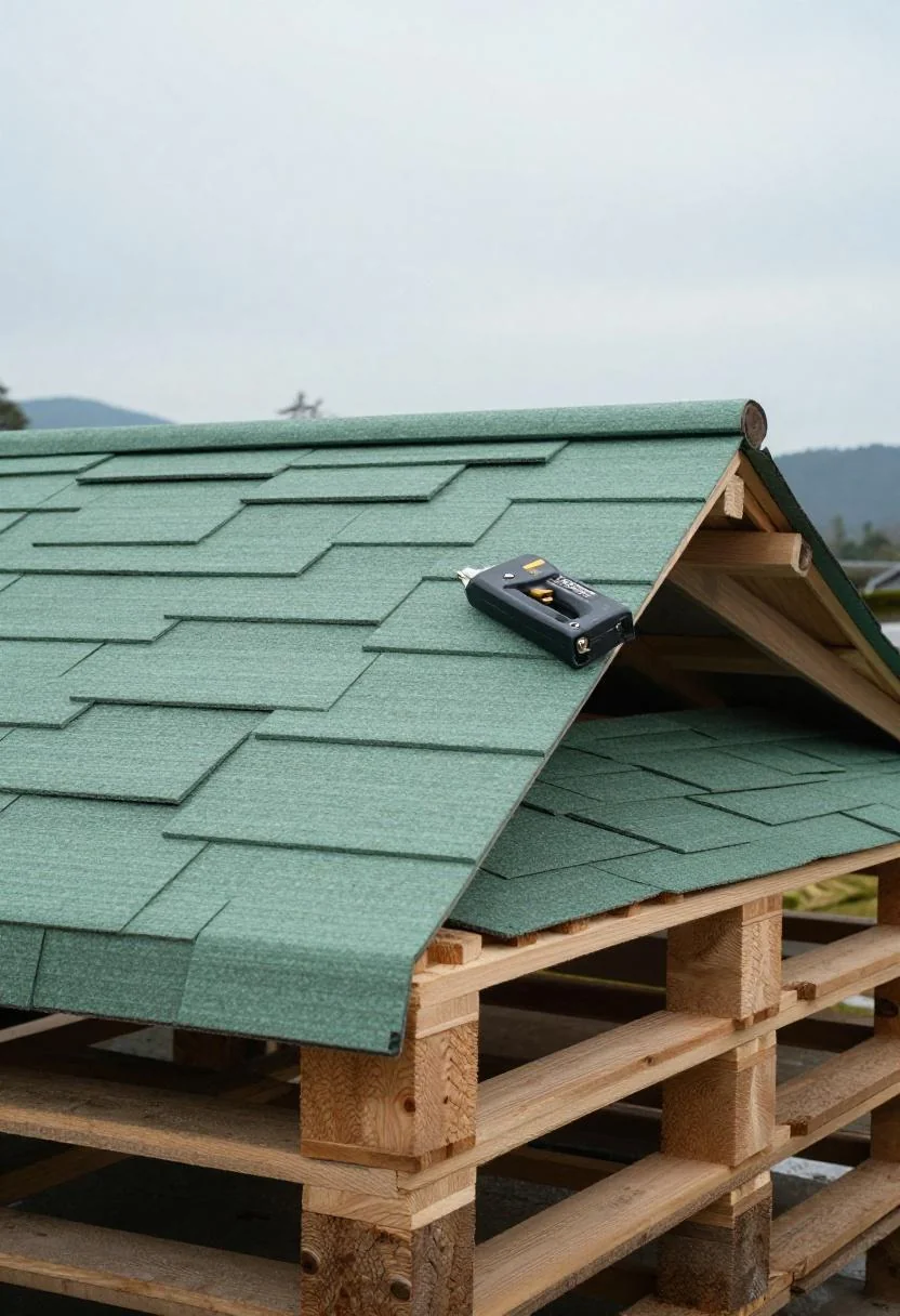 Cedar shingle roof installation on a pallet shed with sage green roofing felt and a staple gun in overcast light