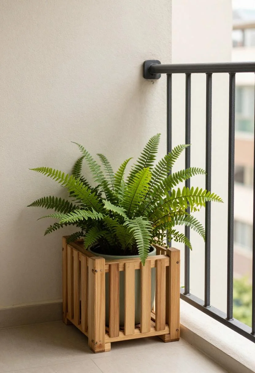 Pine pallet garden tray with cool blue bonsai pot on a gravel zen garden edge