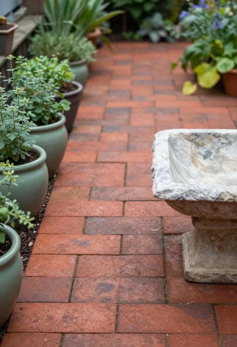 Limestone birdbath beside sage green herb pots lining a brick paver garden path in morning light