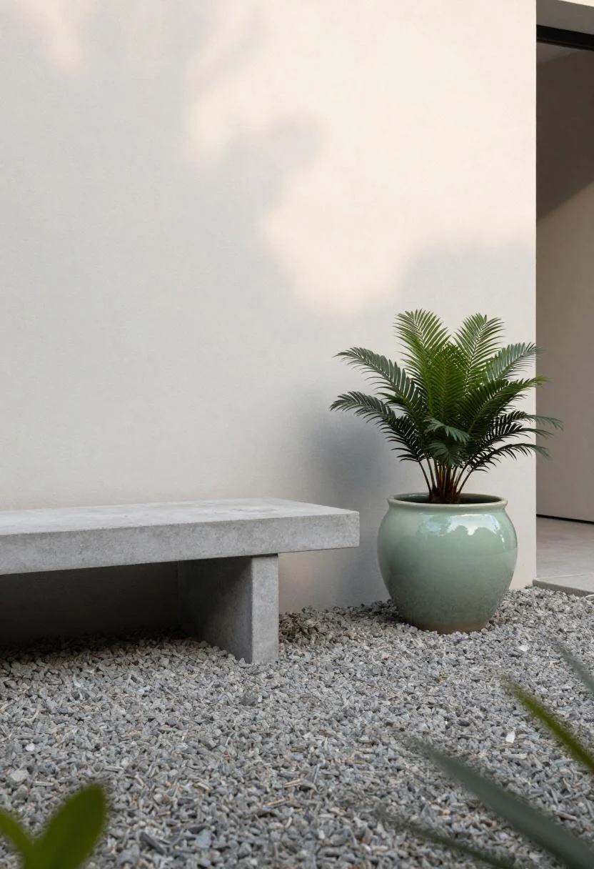Concrete bench and sage glazed ceramic pot with phormium on gravel modern patio at morning light