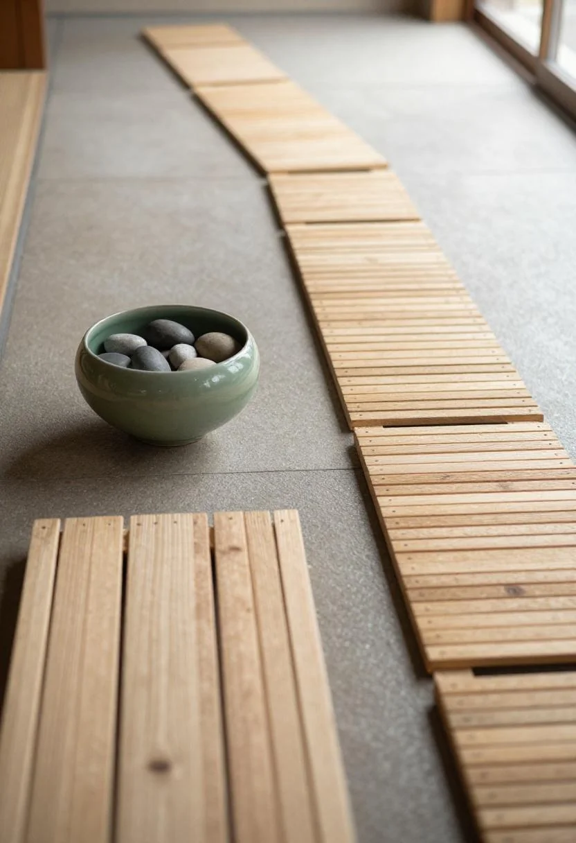 Sage-green ceramic bowl with river stones on a pallet stepping platform along a zen garden path