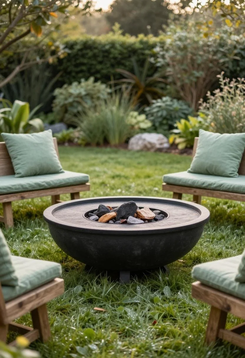 Fieldstone fire pit with sage green cushioned oak benches on a dewy morning lawn