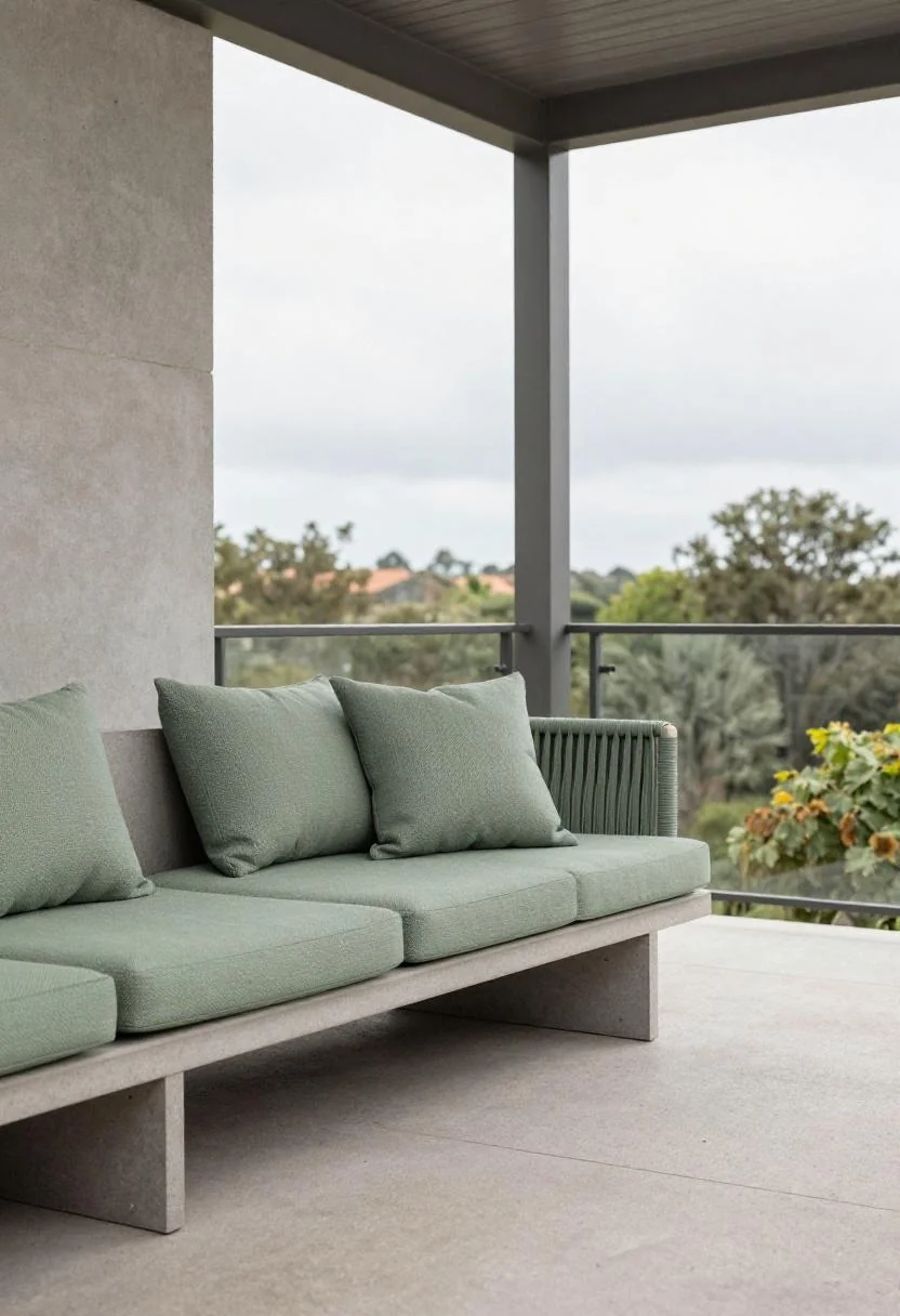 Aluminum pergola on a balcony with sage green woven cushions stacked on a concrete bench