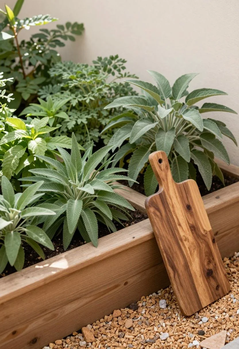 Wooden plank edging dividing sage green mondo grass from gravel strip on a balcony herb garden