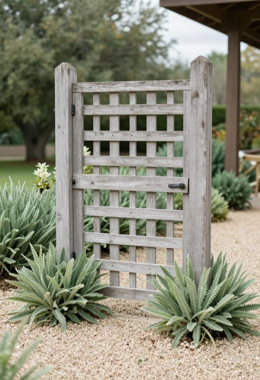 Weathered teak arbor with sage lamb's ear plantings framing a tranquil gravel garden path