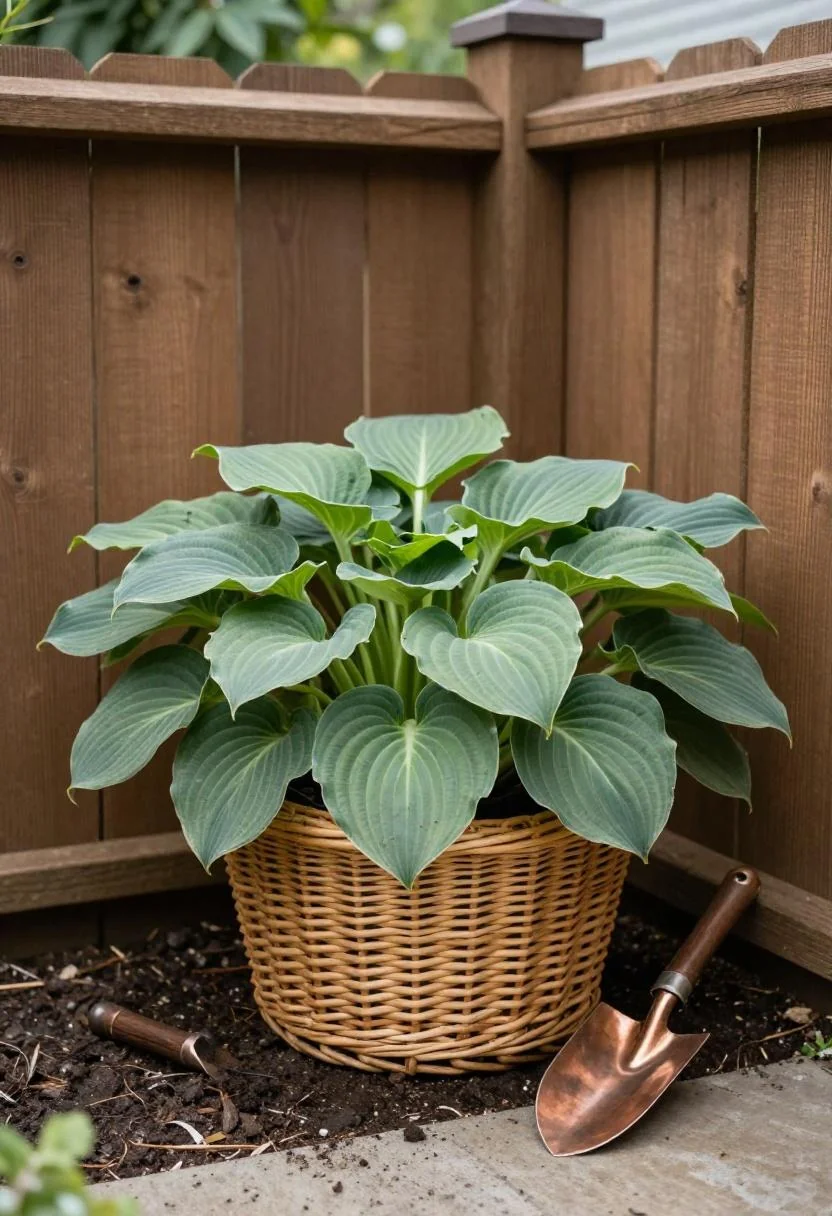 Matte black fiberglass hosta planter beside a teak bench on a modern patio at dusk