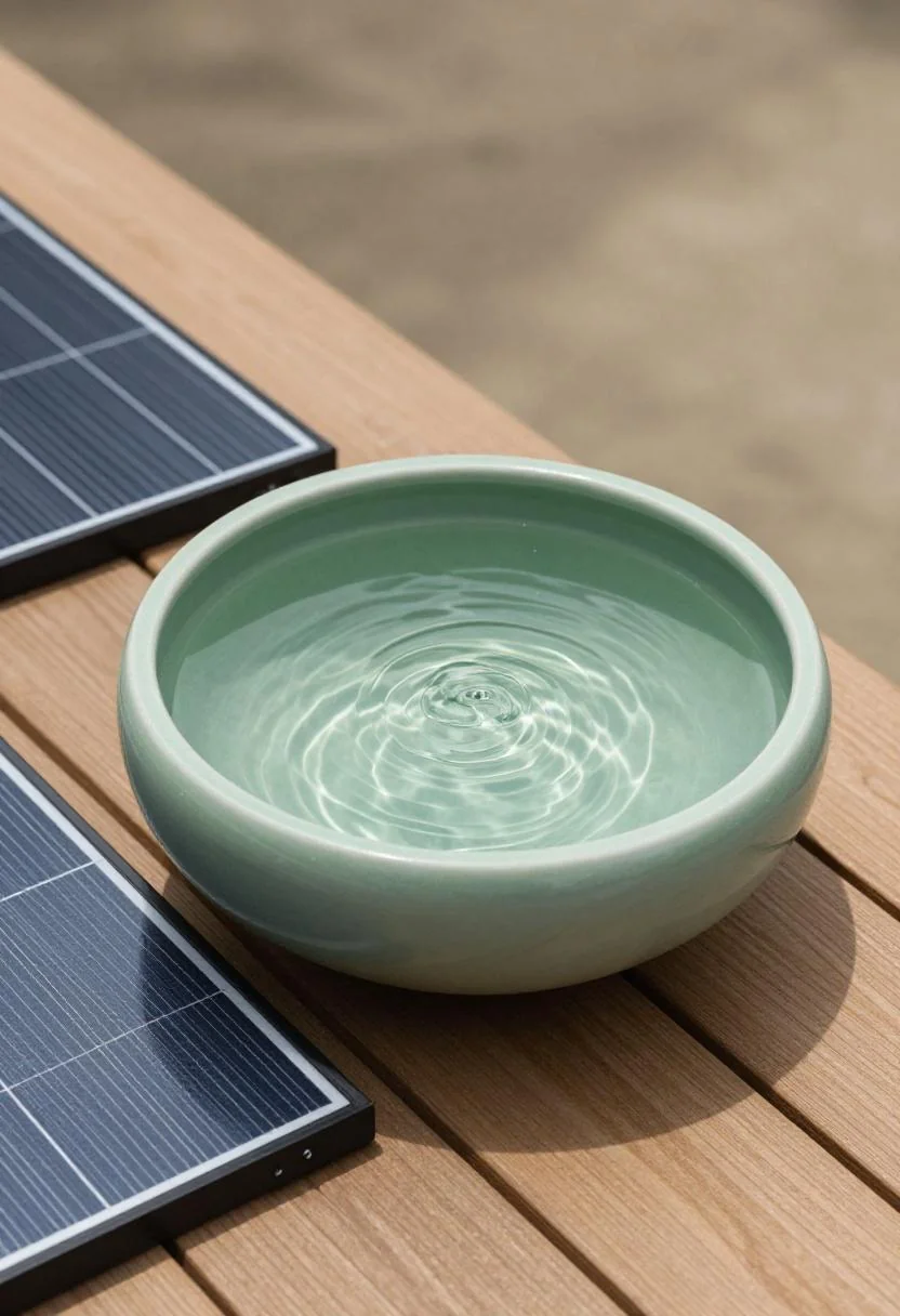 Overhead view of a sage green resin bowl solar fountain with rippling water on a wooden deck