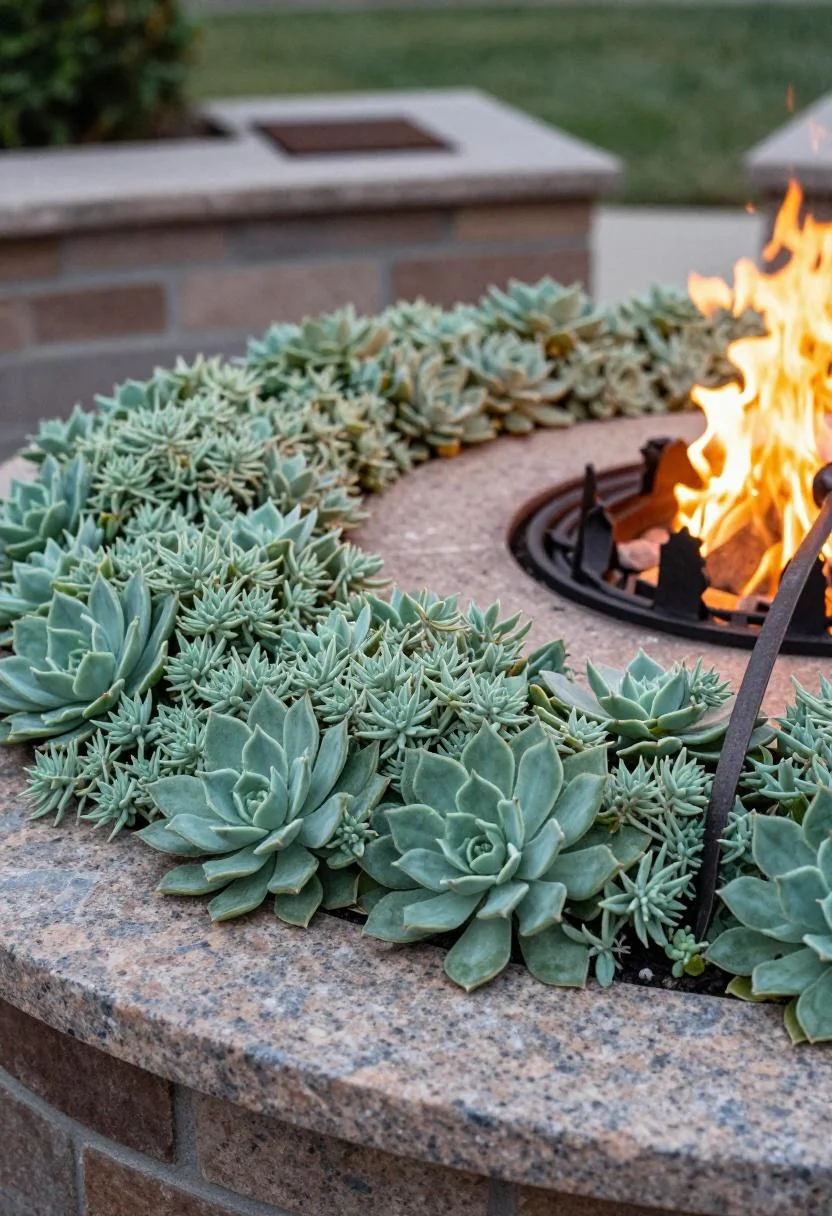 Sage green sedum hugging granite edge of fire pit with iron poker resting to the side