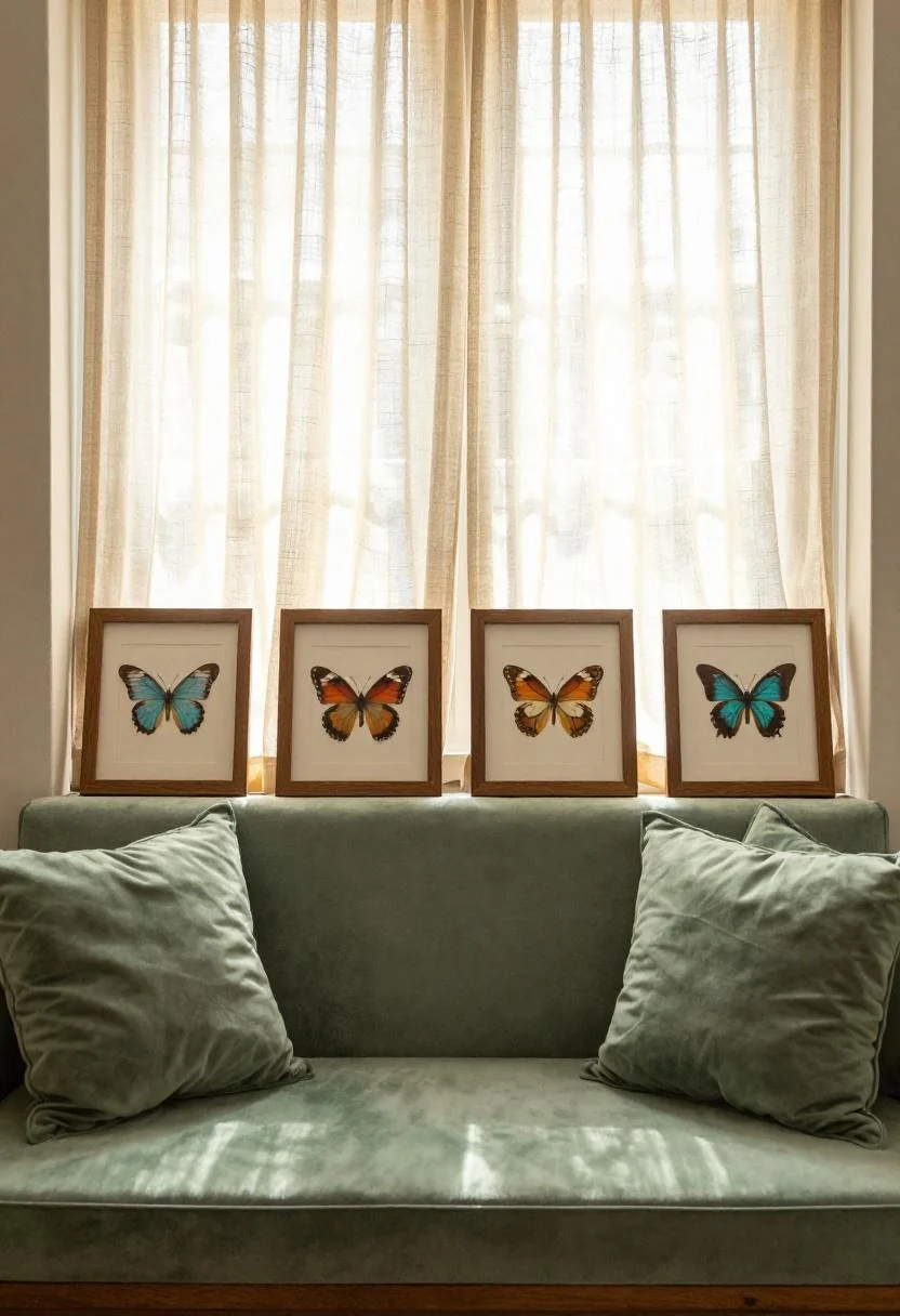 Sage green window seat cushions beneath a row of butterfly watercolor frames