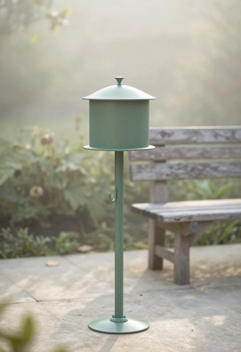 Sage green tube feeder in the patio foreground with a weathered teak bench in misty morning background