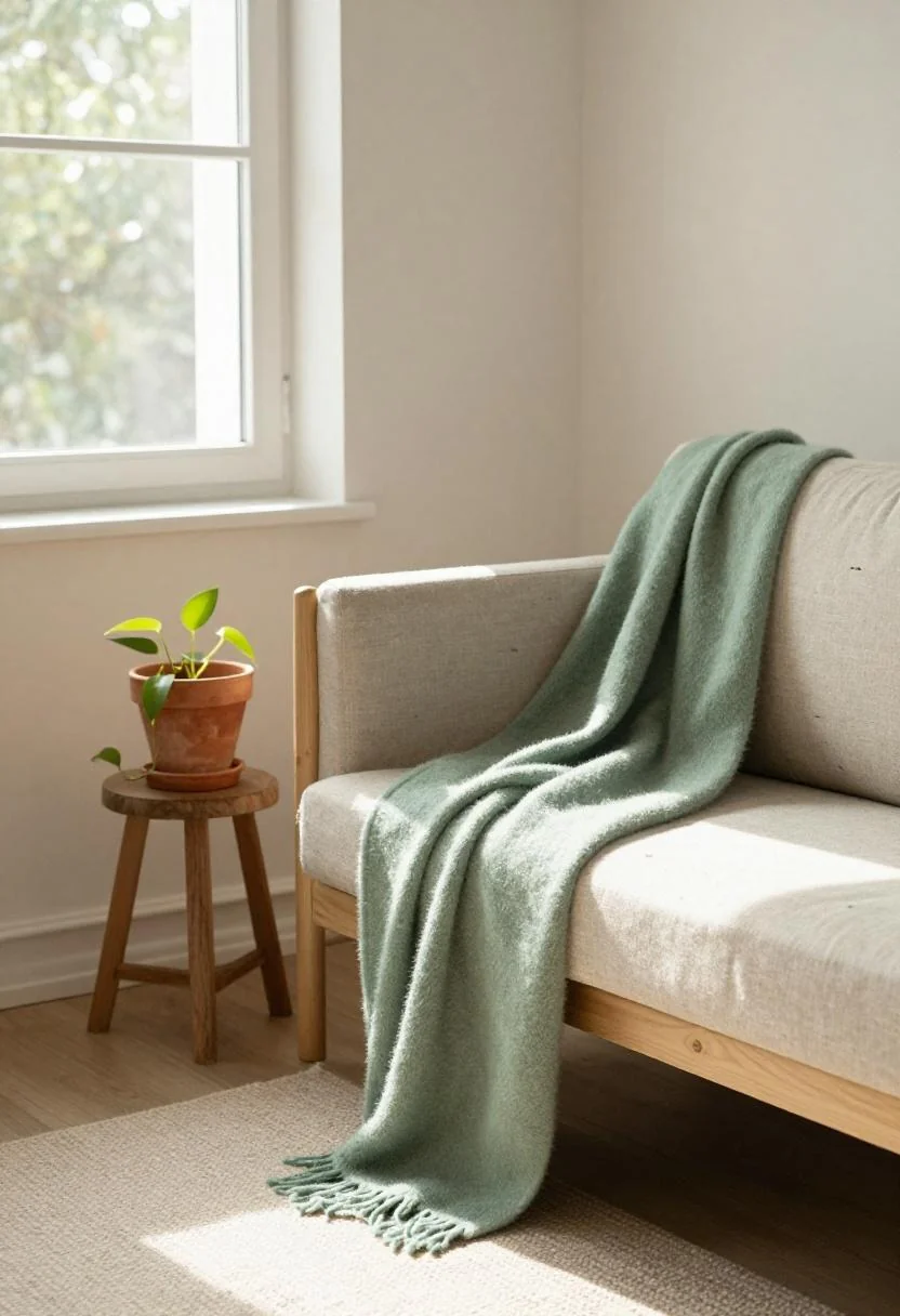 Birch-frame sofa with sage green wool throw and potted trailing pothos