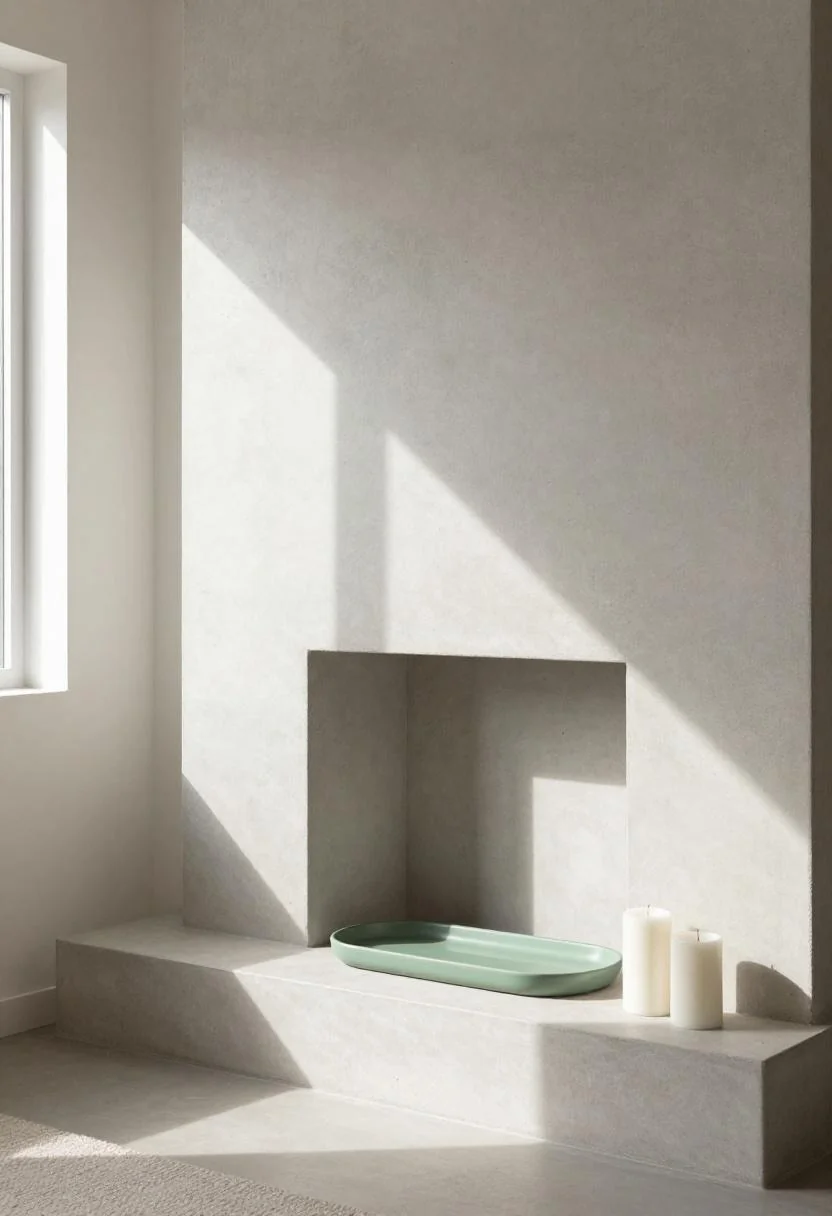 Sage green ceramic tray with white pillar candles on a minimalist concrete fireplace hearth