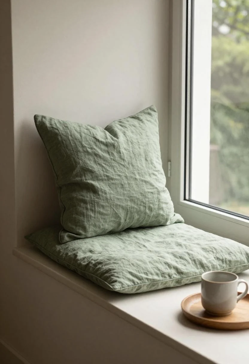 Sage green linen window seat with oak tray and ceramic mug in soft morning light