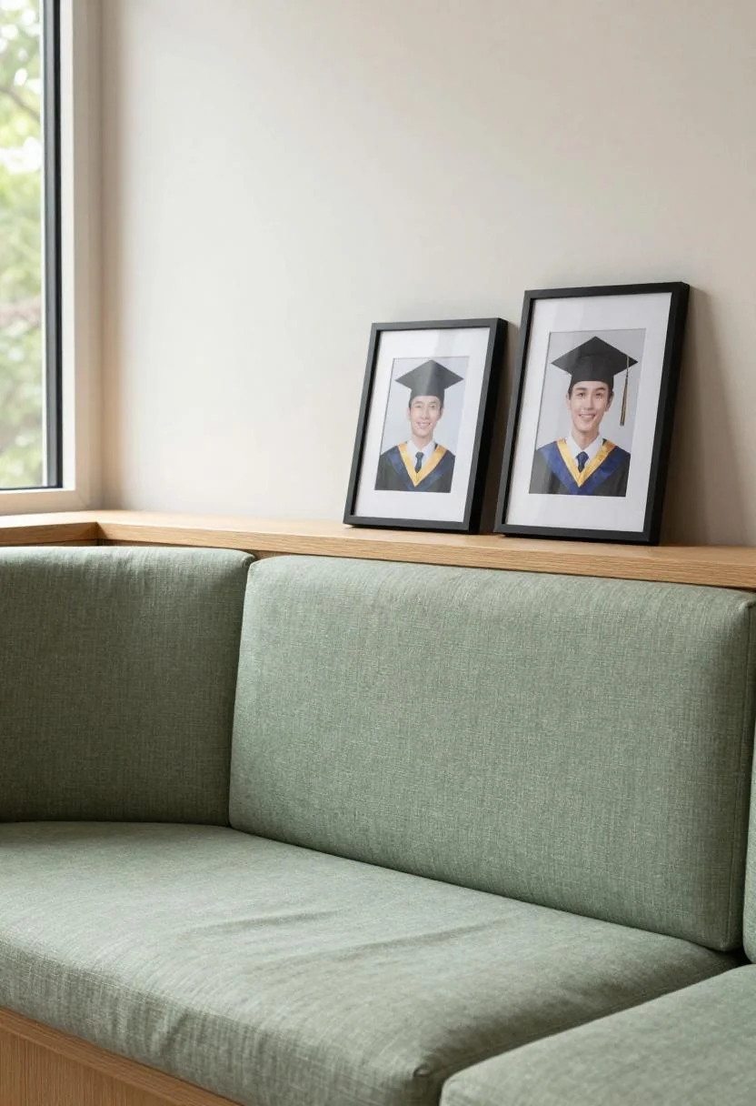 Sage green japandi window seat with graduation frames leaning on a pine picture ledge above