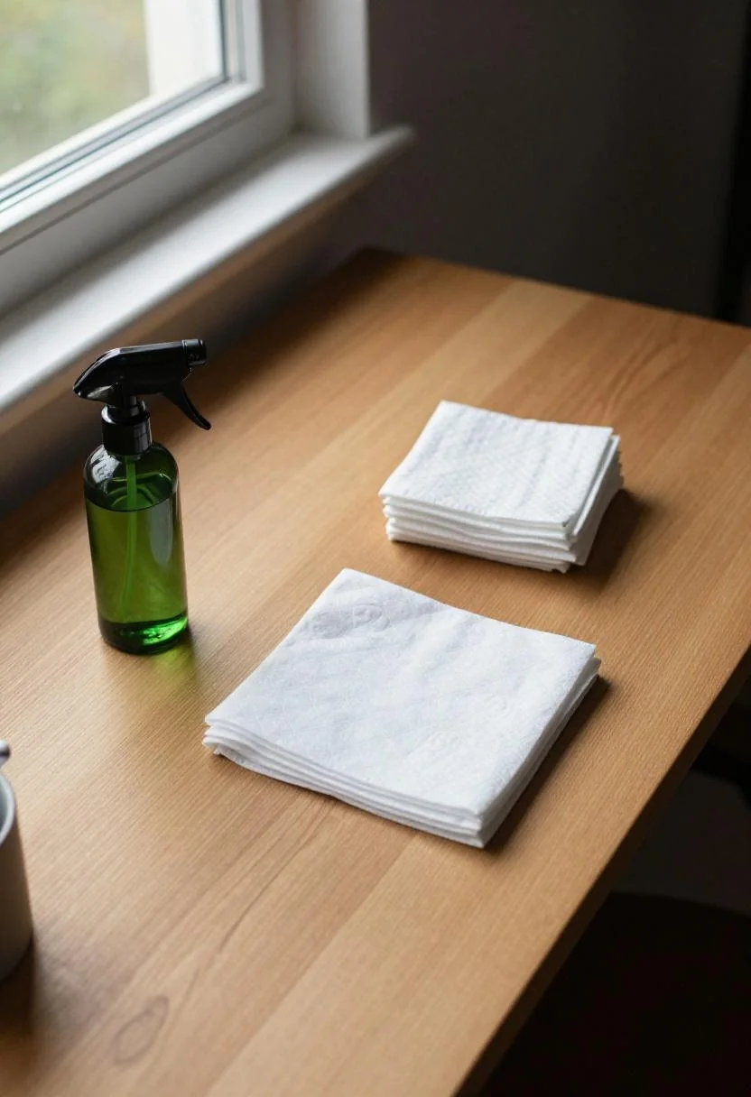Sage green glass spray bottle and folded cotton cleaning squares on a wooden desk
