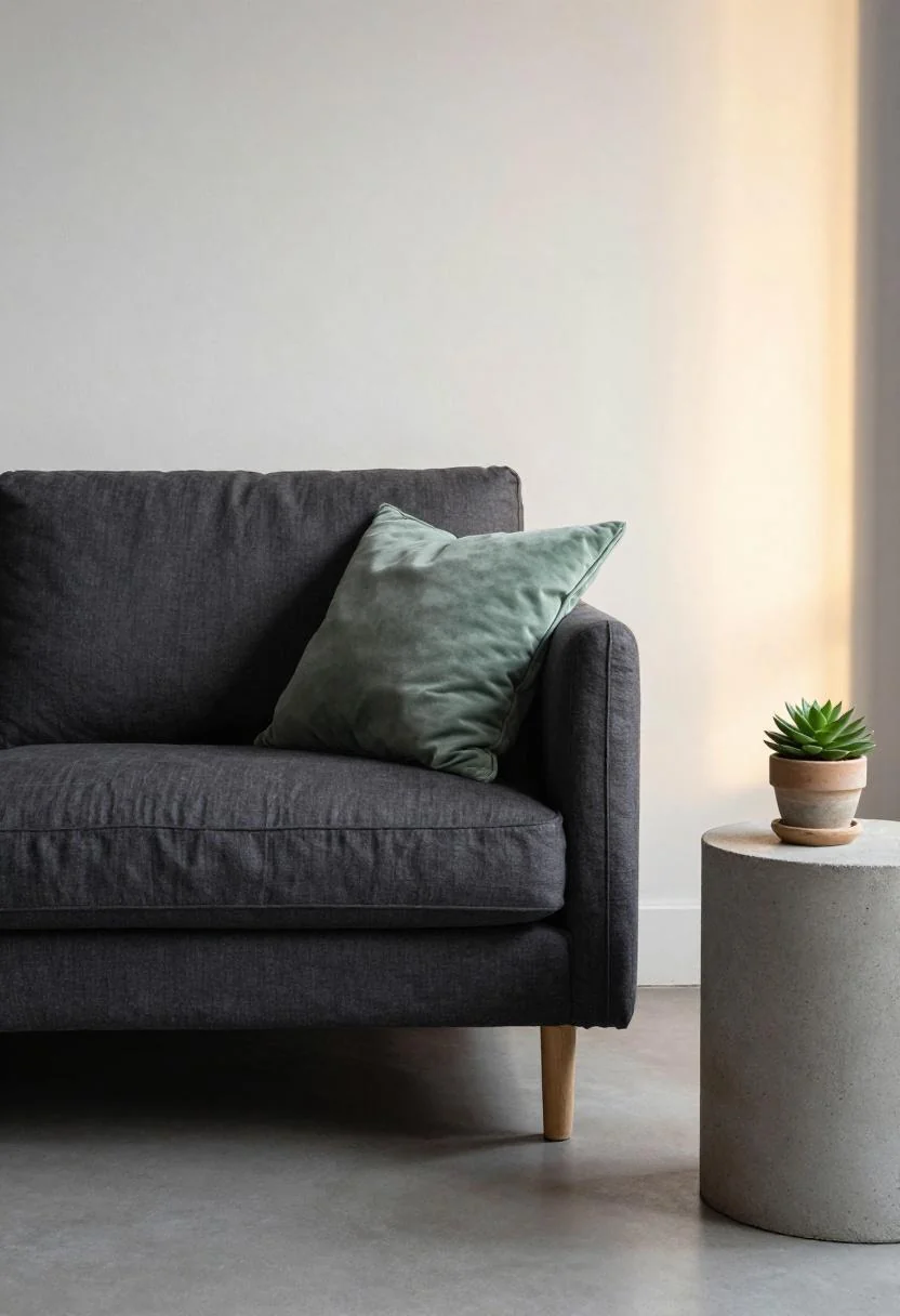 Charcoal linen sofa with sage green cushion and concrete side table in golden afternoon light