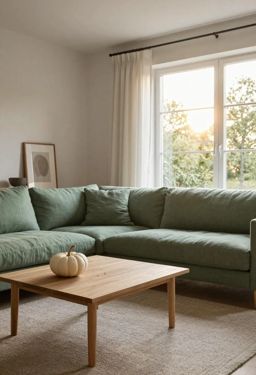 Sage green Scandinavian sofa with white pumpkin on a birch coffee table