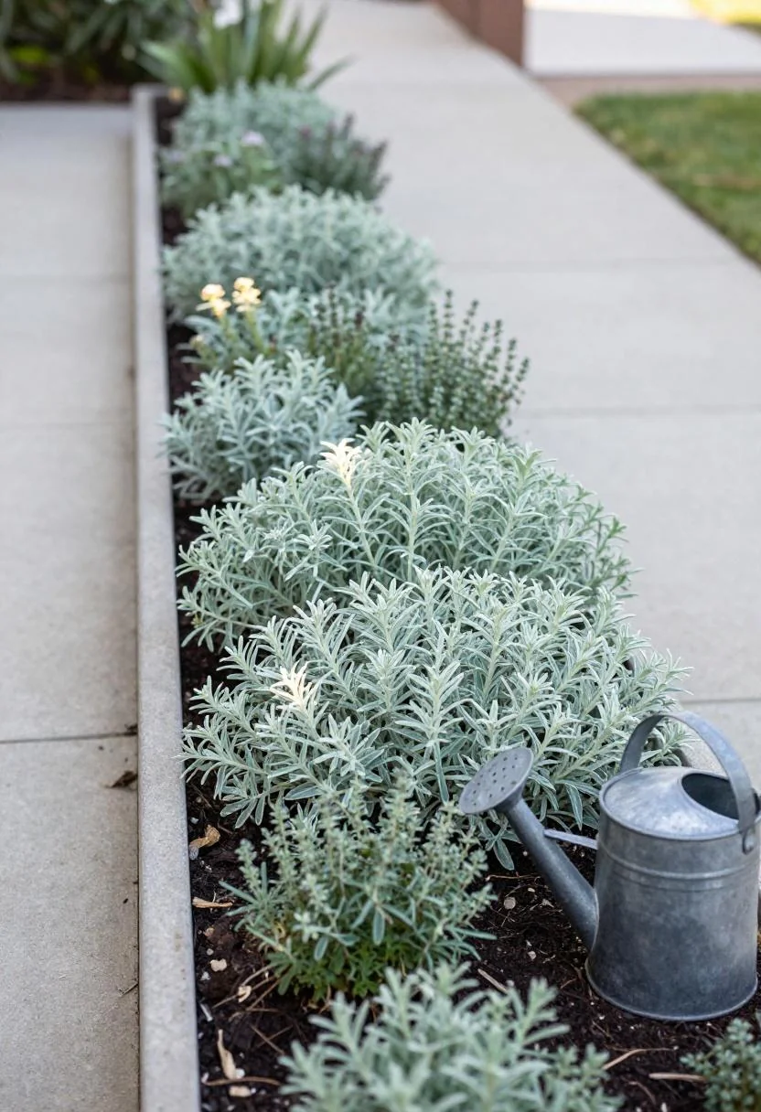 Pine sleeper raised bed with sage green santolina along a paved front path