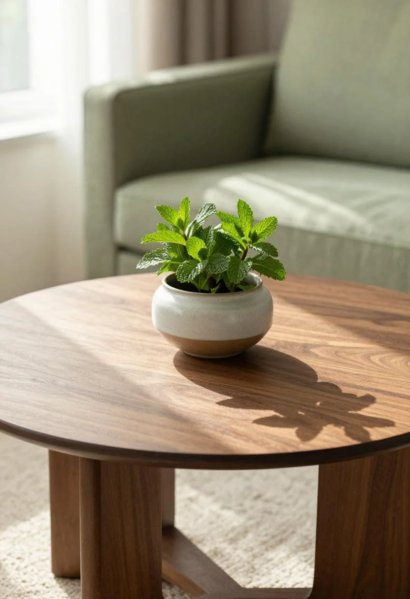 Walnut coffee table with fresh mint in a ceramic bowl before a sage green sofa