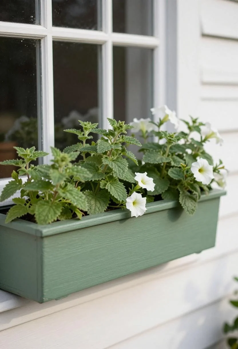 Horsemint spilling from a sage-green window box against white cottage clapboard in morning light