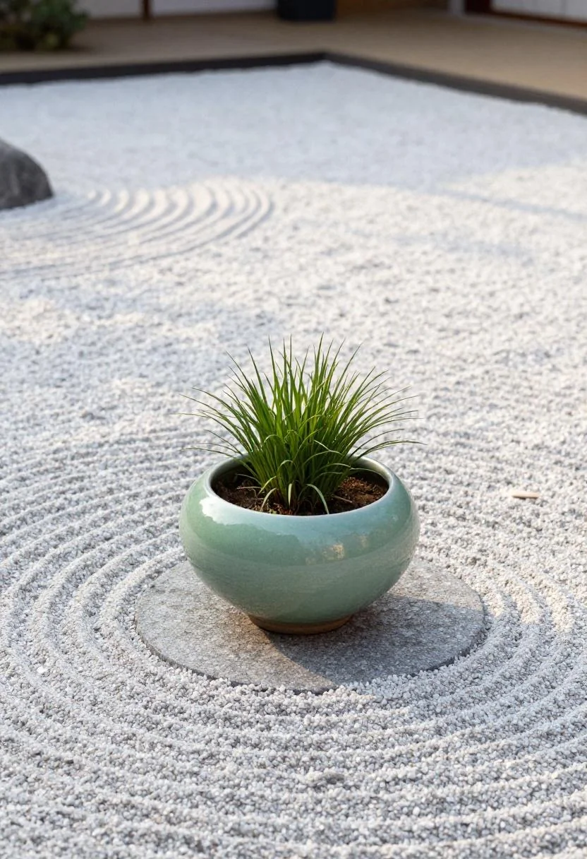 Sage green ceramic bowl with dwarf mondo grass on a granite slab surrounded by raked white gravel at golden hour