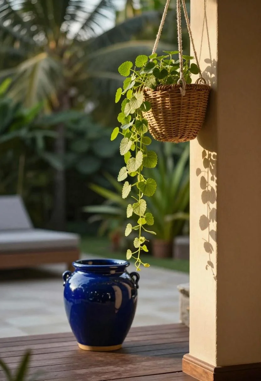 Lemon balm cascading from a rattan hanging planter above a cool-blue ceramic pot on a tropical deck