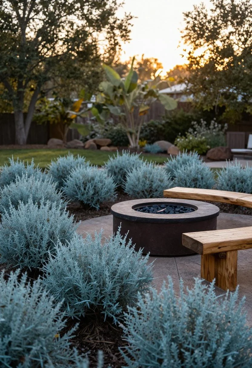 Cool blue butterfly bush beside a stone fire pit with a cedar bench at golden hour