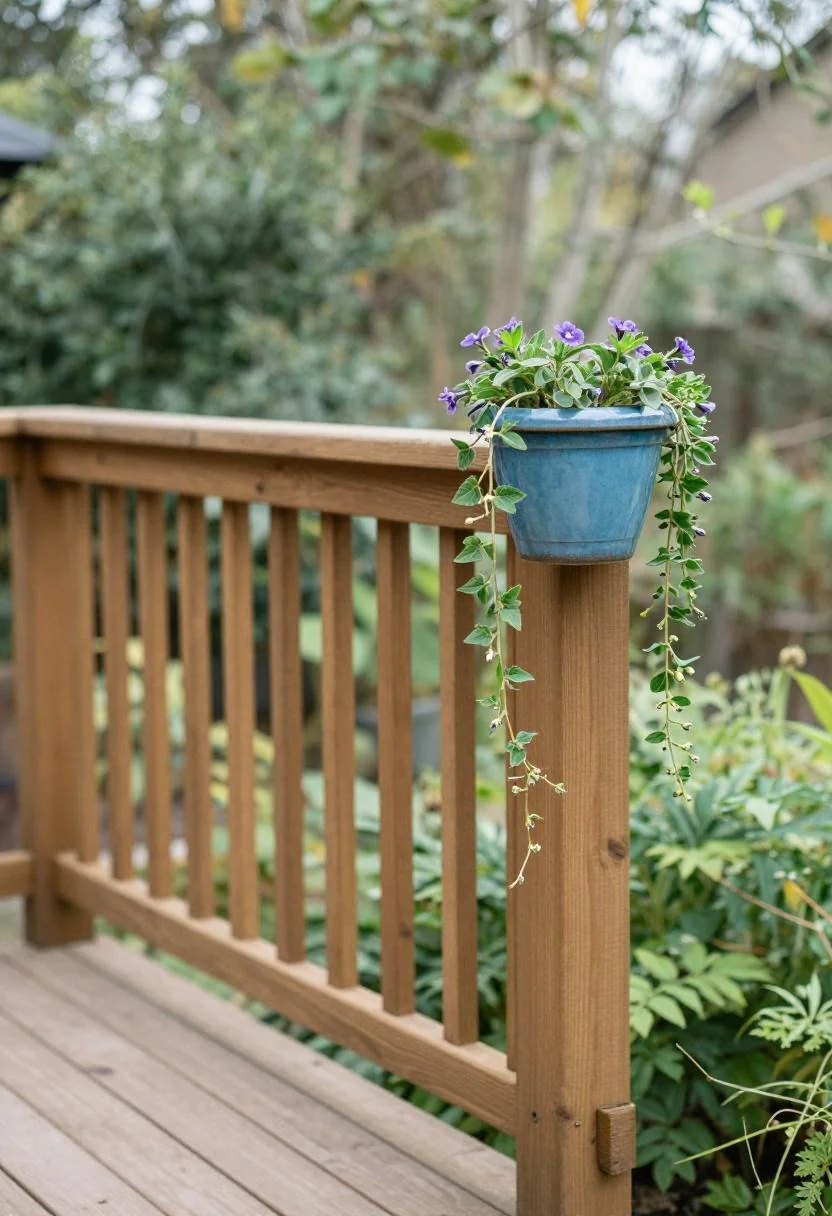 Cool blue glazed lobelia planter hanging from a deck railing post in soft morning light
