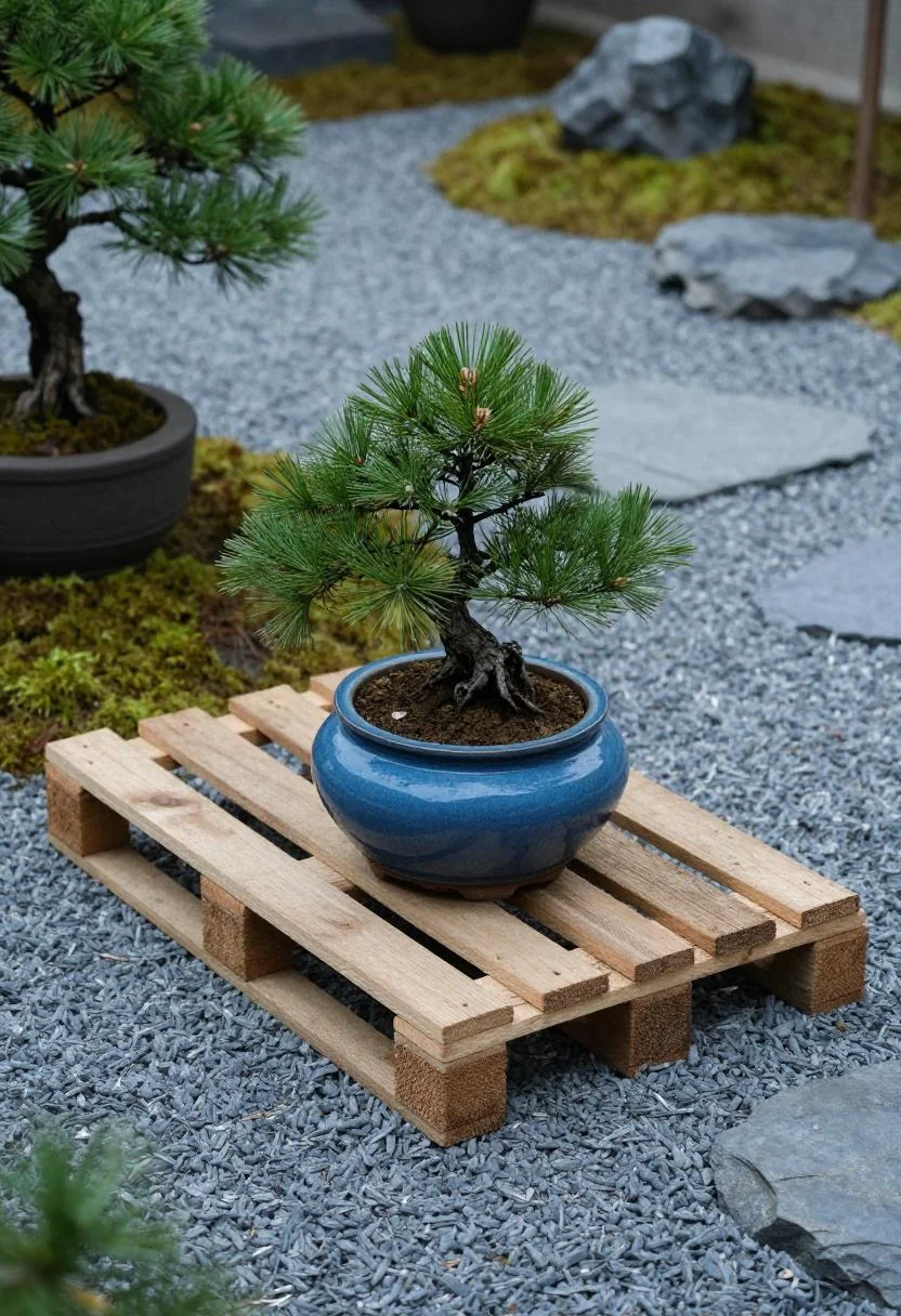 Oak pallet side table with plum noir lantern beside a stone bench at a fire pit at dusk
