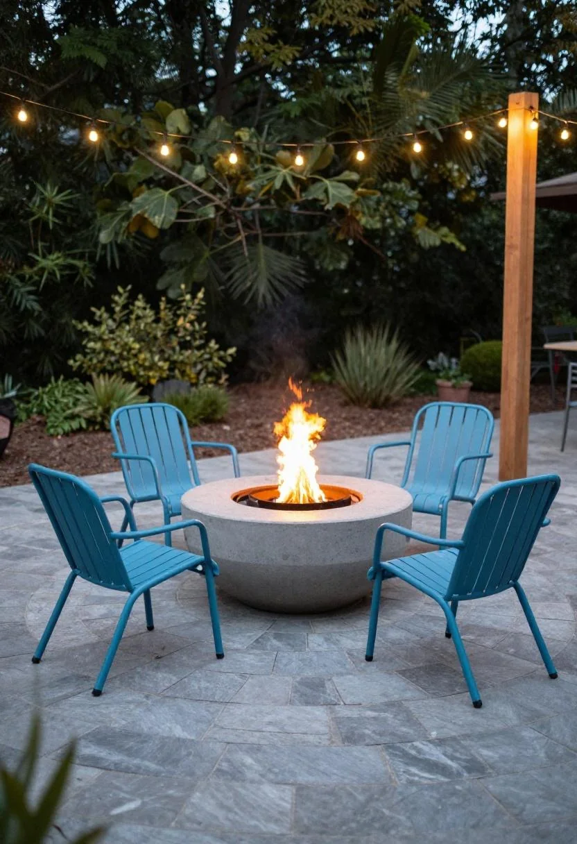 Cool blue steel chairs encircling a concrete fire bowl on a slate paver patio with string lights at dusk