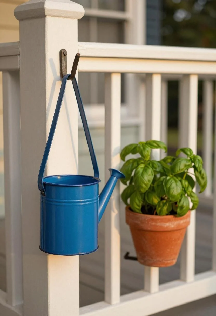 Cool blue enamel watering can and terracotta basil pot on sunlit porch railing