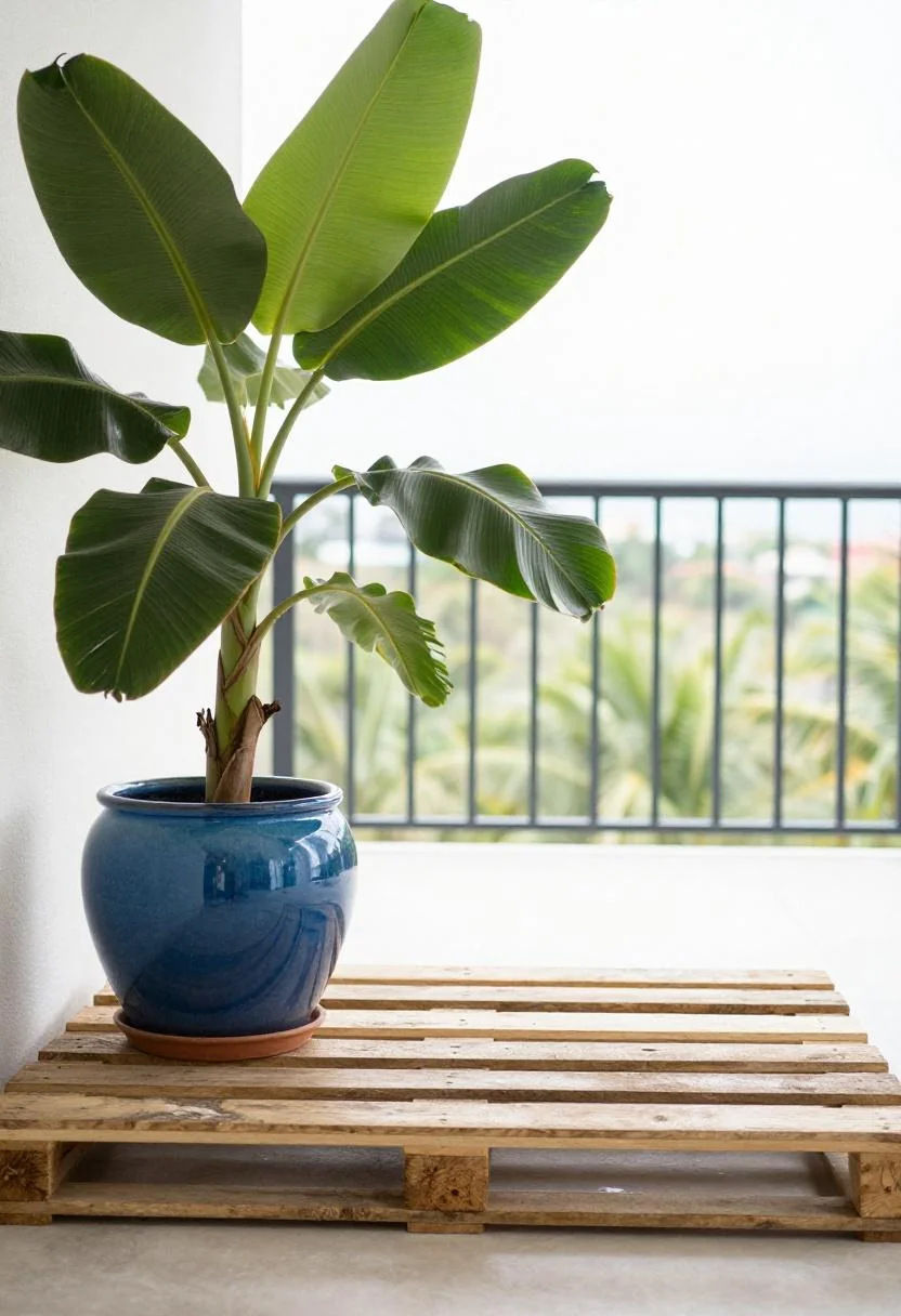 Cool-blue ceramic pot with banana-leaf plant anchoring a tropical pallet balcony deck