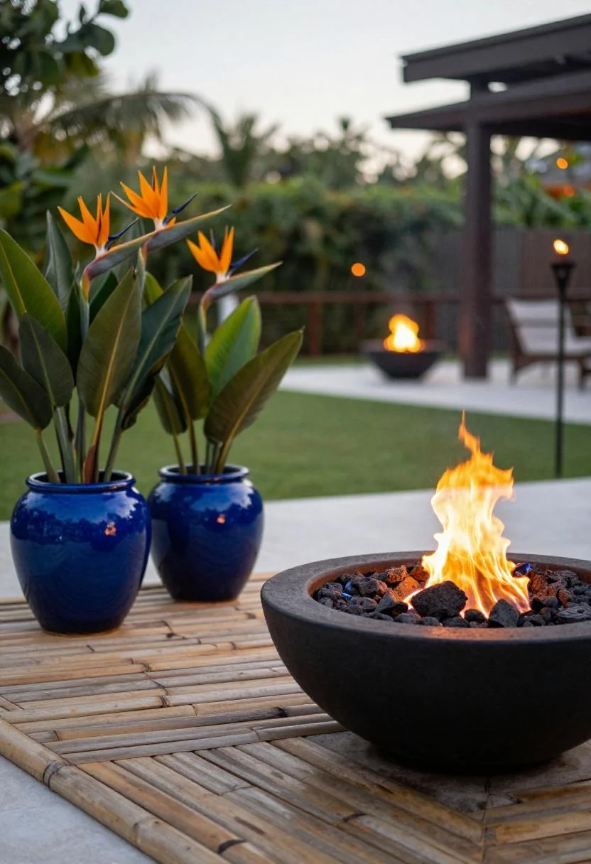 Lava rock fire bowl with cool blue ceramic planters on a tropical bamboo deck at dusk
