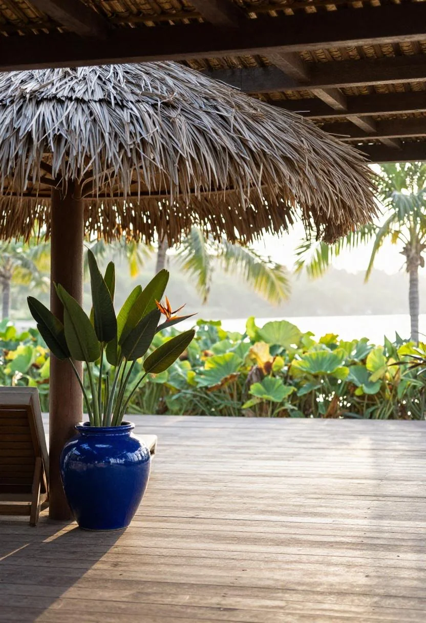 Thatched tropical pergola with a cool blue ceramic pot and bird-of-paradise on a teak deck